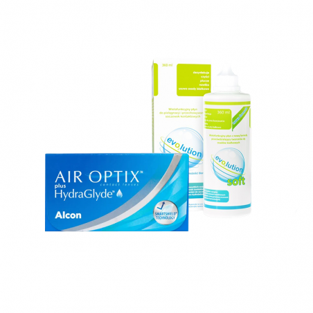 Soczewki Air Optix plus HydraGlyde 6 szt. + płyn evO2lution soft 360 ml
