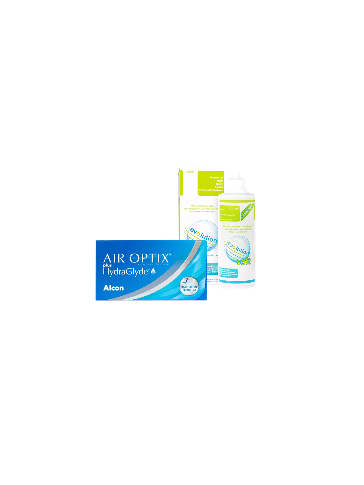 Soczewki Air Optix plus HydraGlyde 6 szt. + płyn evO2lution soft 360 ml
