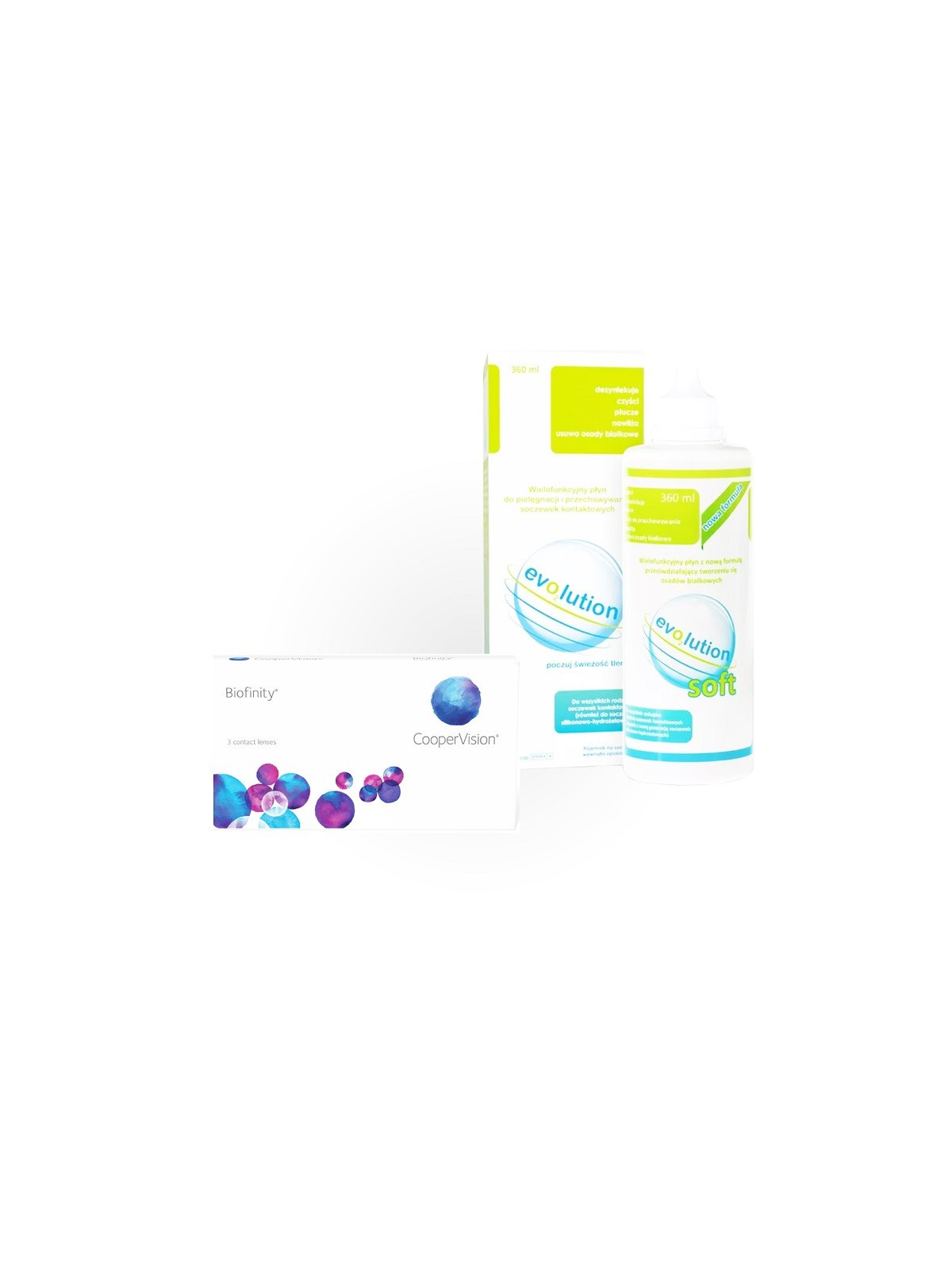 Soczewki Biofinity 3 szt. + płyn evO2lution soft 360 ml